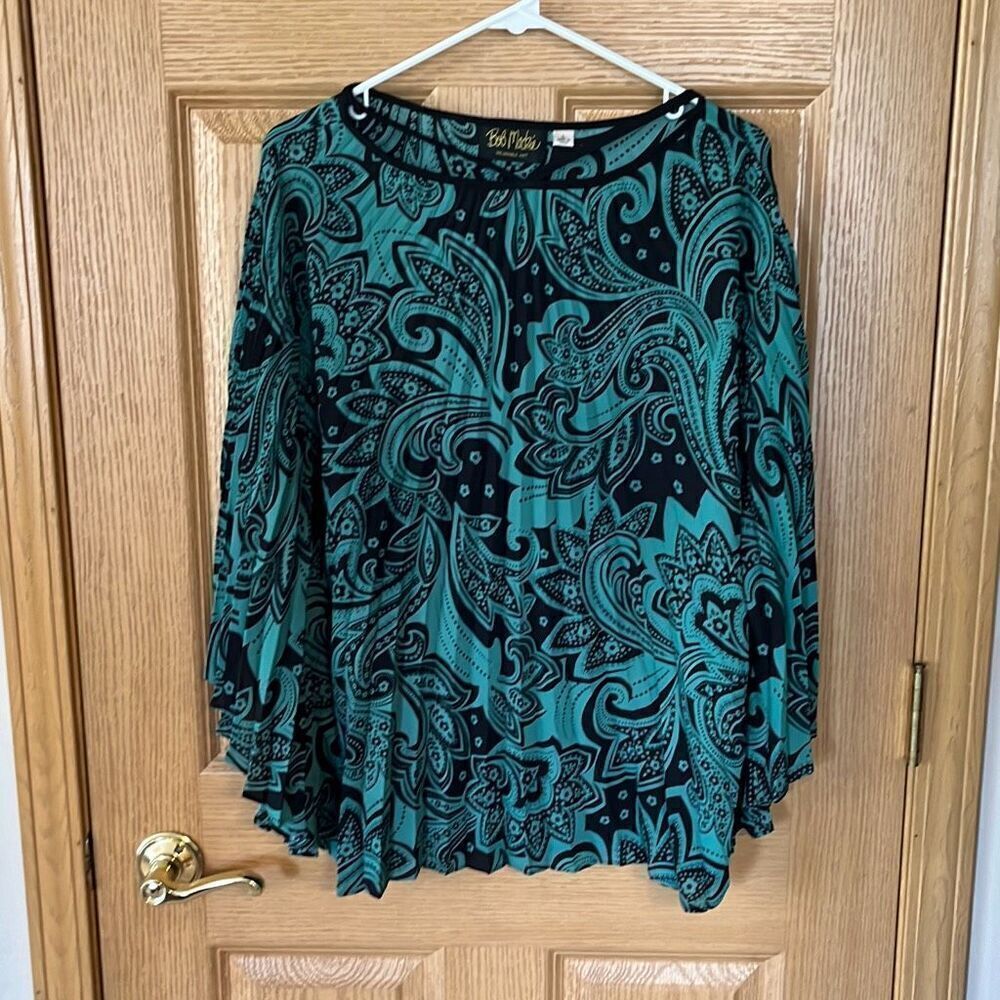 Bob Mackie Green Black Paisley Accordion Blouse Top Large